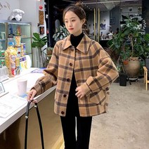 뉴타임즈 체크 양면 캐시미어 코트 여성 쇼트 박시 울 100% 코트 키 작은 키에 대발 156번 WG Z