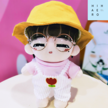 아이돌인형옷 20cm 모음 솜뭉치 인형 남자 여자 벙거지 바지 레드 치마 멜빵 맨투맨 셔츠 케이프 화가 메이드 세트, 20센티 인형 전용, 핑크티+화이트 오버롤+벙거지+투명안경
