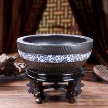 도자기 수반 세트 어항 옹기수반 받침대 대형, 블랙플라워 38xH15cm+받침대 세트