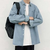 10대 캐주얼룩 코디 스트릿 패션 오버핏 청남방 셔츠 핏셔츠 남녀공용데님셔츠 롱셔츠