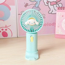 핸디팬 쿠로미 마이멜로디 시나모롤 폼폼푸린 헬로키티 페이스 캐릭터 무선 미니 선풍기 3엽 USB충전식 러블리 휴대용 폰거치대 스탠드겸용 저소음 탁상용 선물용 캠핑 등산용, 선택3번-민트 시나모롤, 휴대 스탠드 겸용 미니 선풍기