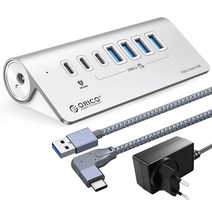 오리코 애플 맥북 프로 USB3.2 Gen2 10Gbps PD60W+유전원 알루미늄 7포트 USB허브 M3U4C3-G2, USB*4+Type-C*2+PD60W*1, A to C(1m-90°)+유전원