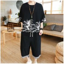 남성 여름 개량 생활 퓨전 한복 복고풍 프린트 티셔츠 바지 투피스 세트