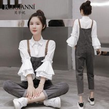 여성 청 데님 멜빵 바지 오버롤 와이드 루즈핏 투피스 여 봄 여름 작은 양장 셔츠