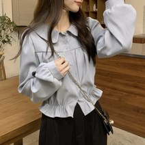 둥근카라 셔링 크롭 숏 블라우스 블루종 스타일