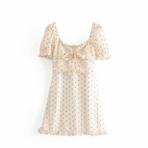 KORELAN 9160- 슬림 핏 레트로 스퀘어 넥 피치 하트 플로킹 가슴 넥타이 반팔 쉬폰 드레스