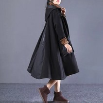 빅사이즈 여성 트렌치코트 루즈핏 봄 가을 후드 오버 스티치 버전 긴 지퍼 여자 바바리 코트