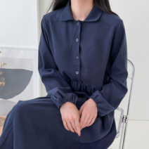 브이와이 VY 여자 잔주름 롱슬리브 카라넥 폴리 롱 원피스