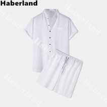 Haberland 여름 남성 솔리드 심플 루즈핏 린넨 반팔셔츠 밴딩 반바지 투피스 트레이닝세트 데일리룩 HB1405