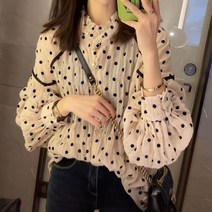 휠렉스 봄 여성 차이나넥 땡땡이 루즈핏 주름 블라우스 9368