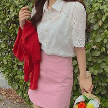 로로텐 플라워 레이스 반팔 블라우스 셔츠 카라넥 여성 빅사이즈