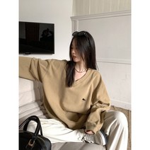 HXT 여성 브이넥 맨투맨 오버핏 긴팔 상의 티셔츠 풀오버 봄가을 베이직 데일리 M~4XL