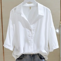 빅 사이즈 뚱뚱 반팔 아이스 코튼 화이트 셔츠 여년 여름 오버핏 브이넥 셔츠