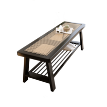 라탄 스툴 보조의자 스텝 북유럽 솔리드 우드 복도 신발 변경 의자 가정용 가구 등나무 벤치 디자이너 거실 긴 오토만, [03] Black A-100x35x42cm