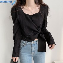 SHENGHUI여성 쇼트 트위드 긴팔 쉬폰 셔츠 블라우스SH8*13LW