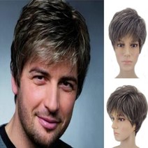 넓은이마 가발수선 엠자이마 가발대여 남자붙임머리 반삭가발 가발사이트 이용사통가발 혼주가발 군인가발 원형탈모가발 HAIRJOY ​​남성 합성 머리 가발 짧은 곱슬 레이어드 23, 8인치, 혼합 갈색