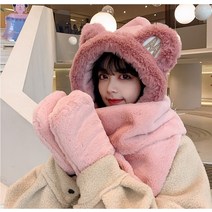 곰돌이목도리 귀여운 곰 디자인 따뜻한 스카프 후드 장갑 여성용 겨울 모자 원피스 두꺼운 방풍 스키 비니 모자
