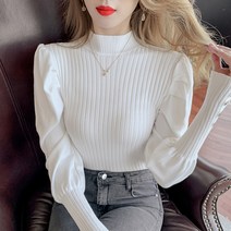 데이홀릭 여성용 페미닌 봄 가을 겨울 벌룬 소매 금장 단추 반하이넥 니트 라운드넥