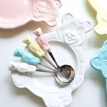 귀여운 빈티지 베어 시리얼 볼+커트러리 세트, 베어 접시 - 옐로우, 베어 커트러리 - 화이트