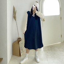 퍼니걸스 5849 브이넥 기모 배색 소매 퍼프 롱 원피스 여성의류