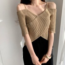 해외여행여름옷 봄 브라우스 블라우스 데이트룩 하객룩 기본 짧은 소매 셔츠 여름 블루 패션 시대 여자의 블라우스를 줄이기 을위한 니트 캐미솔 탑스 15581