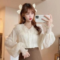 빅사이즈 블라우스 이쁜옷 여성 상의 큰옷 귀엽고 심플한 귀여운 피터팬 칼라 쉬폰 셔츠 레이스 프릴 싱글 단추 봄 가을 달콤한 루즈한