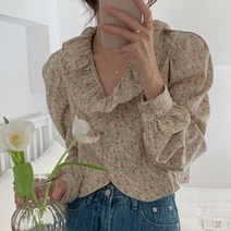 프롬유 프릴 퍼프 크롭 플라워블라우스