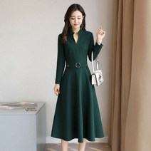 니트원피스 우아한 v넥 슬림 프리미엄 블랙 긴 소매 무릎 길이 a 라인 드레스 단색 엠파이어 새시 정장 여성 의류