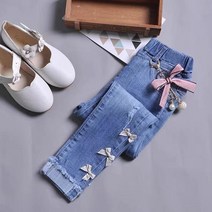 아동 레이스청바지 데님반바지 여아 봄 진주 리본 꽃 프릴 스판