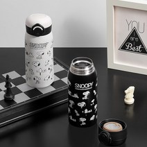 바라또삽 스누피 프린팅 원터치 텀블러 잠금장치 물샘방지 캐릭터 스테인리스텀블러 420ml, 블랙