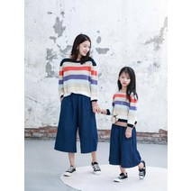모녀커플룩 가을 순면 스트라이프 스웨터와 데님 와이드 팬츠 코디 가족사진촬영 휴일나들이 데일리패션
