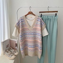 루즈핏 은은한 에스닉 패턴 브이넥 힙커버 롱 니트 조끼 빅사이즈 (3color)