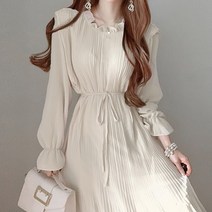 트루픽 주름 허리 라인 셔링 롱 원피스 프릴 미디 긴팔 데이트룩