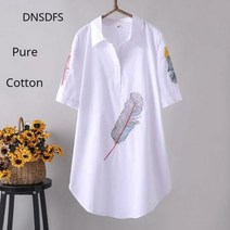 퓨어 코튼 셔츠 깃털 자수 화이트 레저 오버 사이즈 여성 블라우스 하라주쿠 루즈 한 중장비 여름 레트로 탑