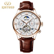 Kinyued 남자 손목 시계 오토메틱 스켈레톤 크로노그래프 문페이즈 뚜르비옹 스틸 썬앤문 알큰 a23