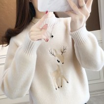 스타일아유 여성용 울 반폴라 사슴 자수 패턴 밍크 데일리 니트 폴라 니트티셔츠 가을 겨울