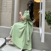여름 원피스 하객 여성 룩 퍼프 슬리브 미디 백리스 공주 드레스 여성용 그린 프린세스 프레리 클래식 미적 로맨틱 BF