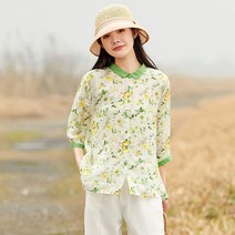 모시 셔츠 여 여름 플라워 상의 배색 감령 프린트 면 마 루즈핏 문예 블라우스