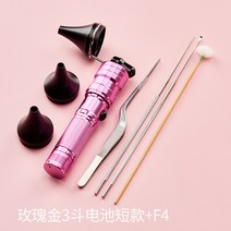 휴대용 귀 청소 클리너 USB 충전식 내시경 검이경 진료용 조명등 귀이개, 로즈레드 핸드램프 쇼트 AA배터리버전+F4