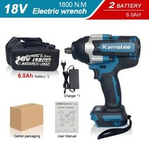 Kamolee1800 NM 하이 토크 90Ah 9000mAh 브러시리스 전기 임팩트 렌치 마끼다 18V 배터리용, 미국+Two6.0AH BAT Carton