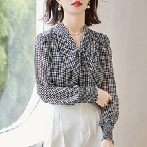 오버클래쓰 여성 V넥 빈티지 체크 리본 오피스룩 블라우스 셔츠