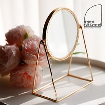 풀커버링 골드 레이스 탁상 거울 스탠드 화장대 정리 카페 인테리어 엔틱 테이블 촬영 소품, 골드미러 레이스 탁상거울-로즈골드 원형