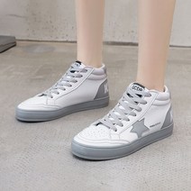 벨트플랫 스니커즈 여성 ULZZANG 하이탑 가죽 화이트신발 클래식 스트리트 별 슈즈 3842501029, 멜란지. 흰 37