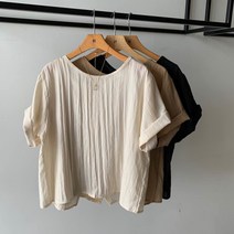 에이치다 / 사선 뒷트임 세미 주름 반팔 블라우스 3color