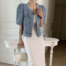 진주비즈 여성 크롭 데님 퍼프 여름 반팔 청 자켓