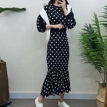 제이후 도트 밴딩 프릴 머메이드 롱원피스