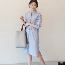 가바바 여성 셔츠원피스 뒤트임 셔링 스트라이프 헨리넥 롱원피스 G53931