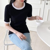 옷자락 [옷자락] 여자 봄여름 여친룩 배색 반팔티셔츠