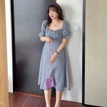 KORELAN 뚱뚱한 사람들을위한 여름 새로운 플러스 사이즈 여성 의류 스퀘어 칼라 복고풍 격자 무늬 드레스
