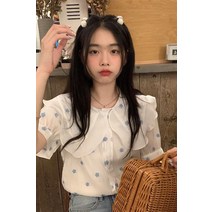 퐁순싸롱 빅 카라 플라워 꽃무늬 반팔 프릴 블라우스 SY